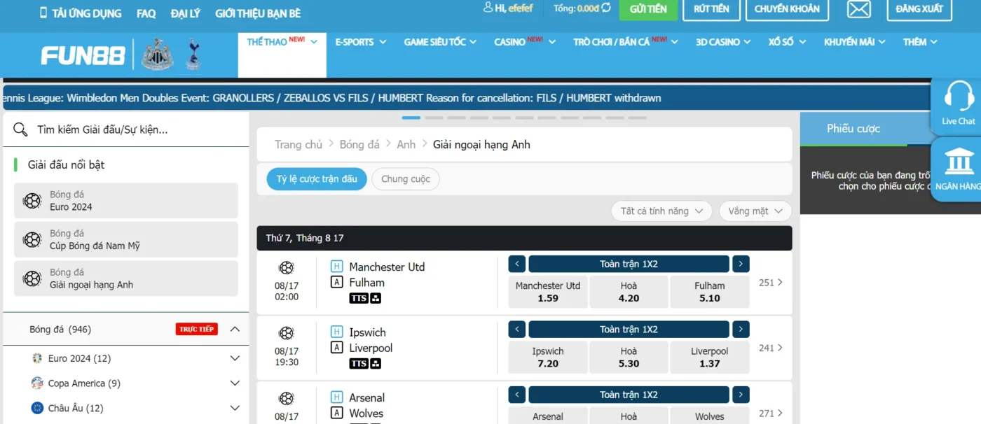 Tham gia cược châu Âu 1x2 tại giao diện chính của Fun88 đăng nhập