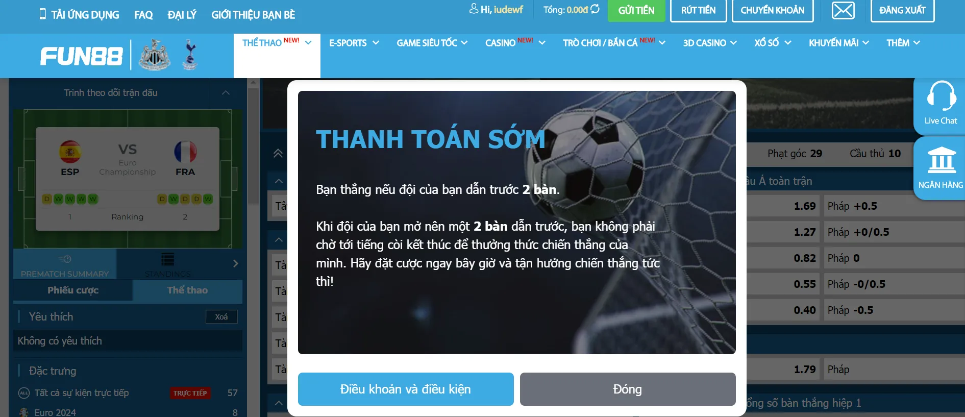 Tính năng thanh toán sớm tại hình thức kèo 1x2